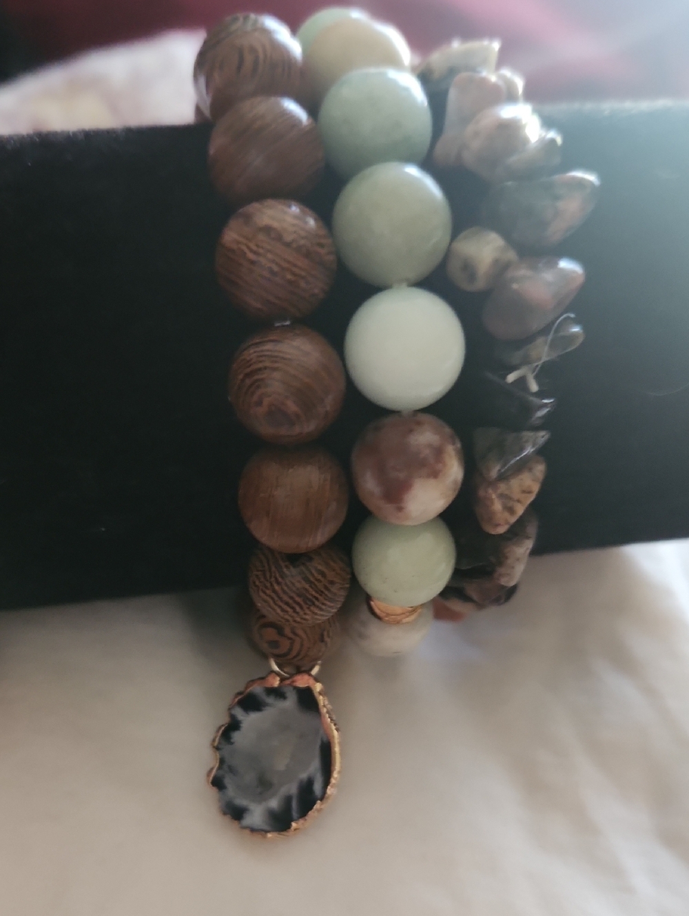 Beaded Natural Stone & Wood Multi-Strand Bracelet in Brown and Sage